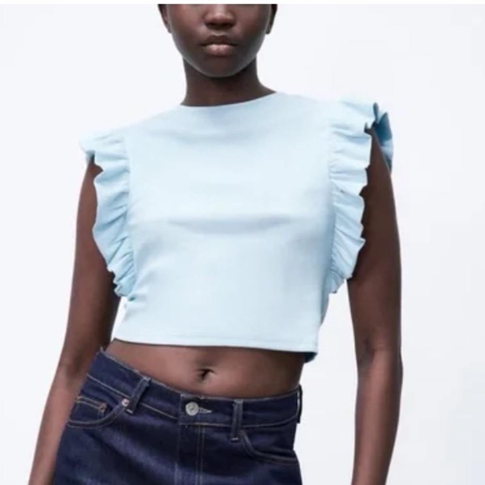 Zara Light Blue Ruffle Sleeve Top, Size Medium
